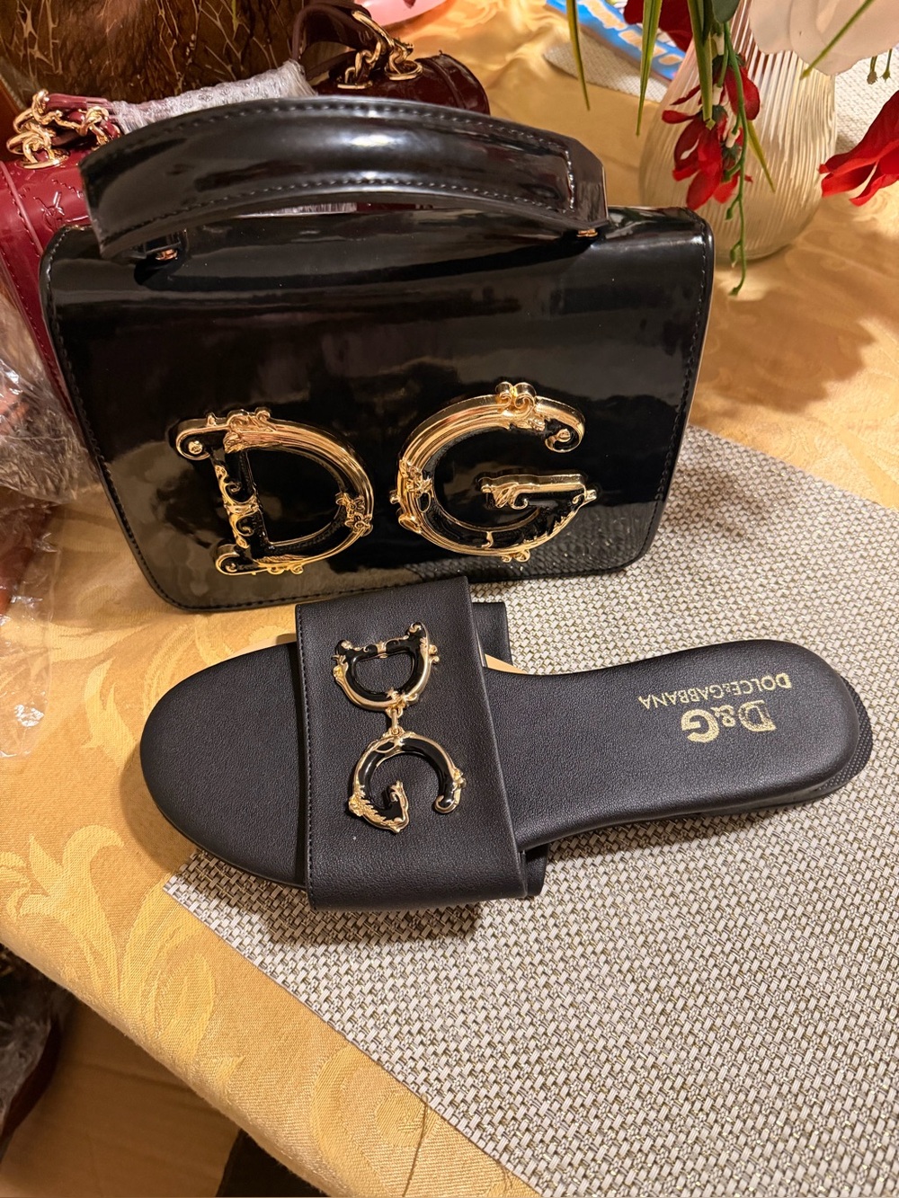 D&G Black Slide Sandals with Gold Logo Accent